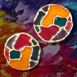 Earrings Round Retro 60's Bright Color Abstract Mosaic